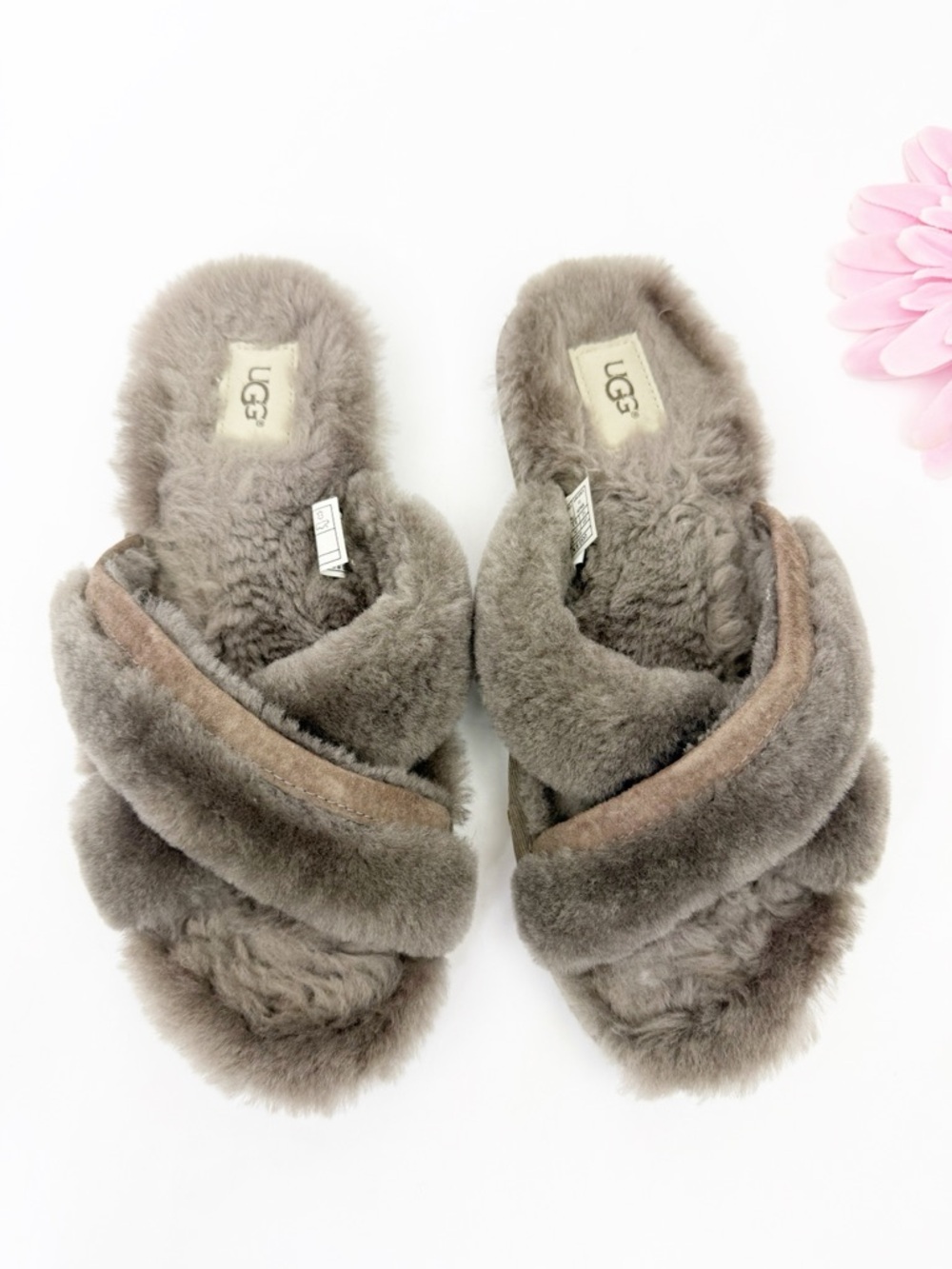 UGG Abela Slippers Criss Cross Sheepskin Fluffy Slate Grey Brown - Picture 2 of 12